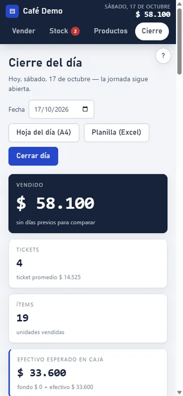 Stock app on a phone: the day’s close, with sales by payment method