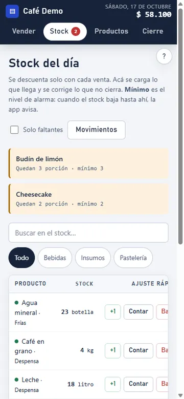 Stock app on a phone: stock list with low-stock alerts