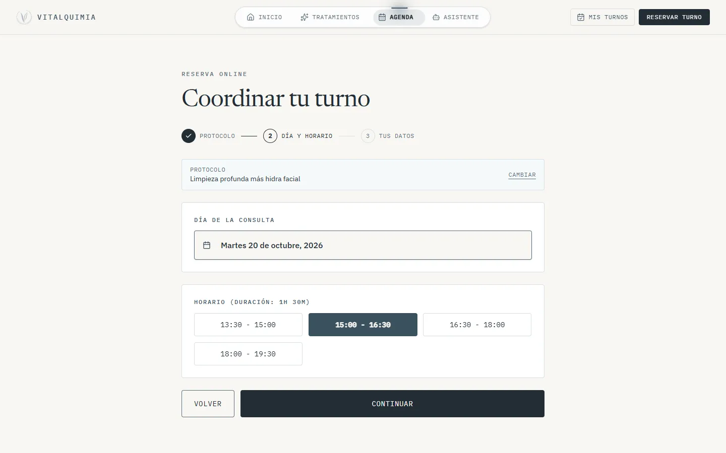 Vitalquimia booking page in a desktop browser