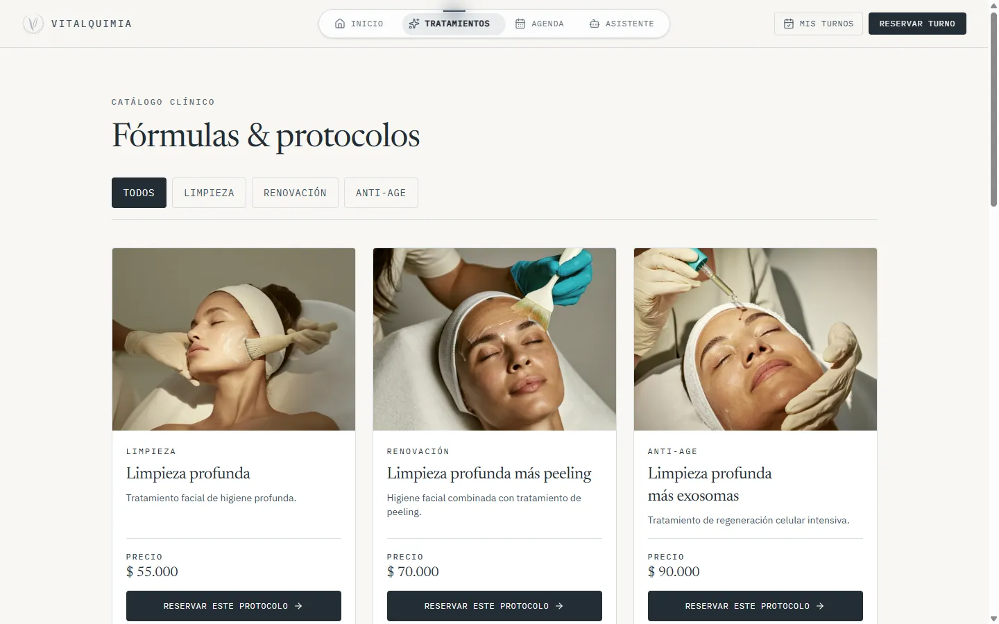 Vitalquimia treatment catalog in a desktop browser